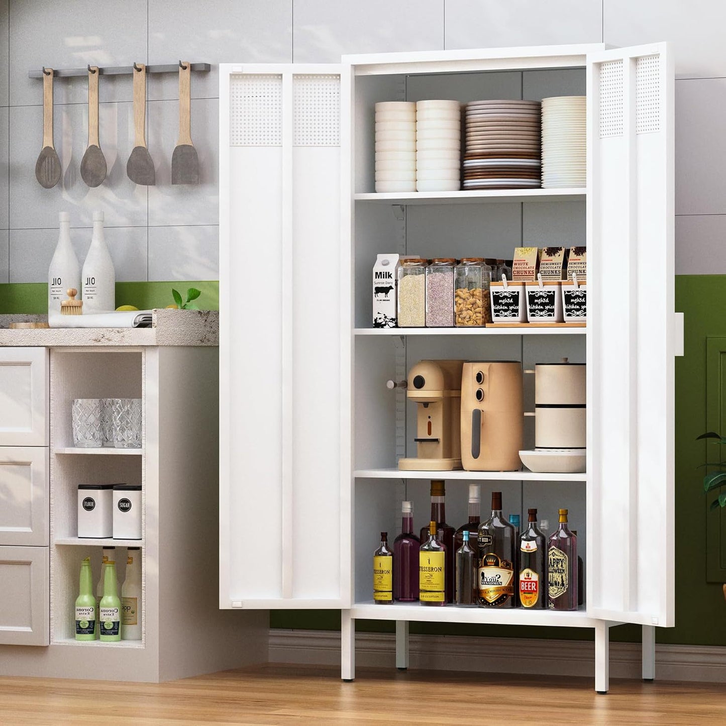 Nesto Pantry Cabinet – 61'' White Metal Food Storage with Adjustable Shelves