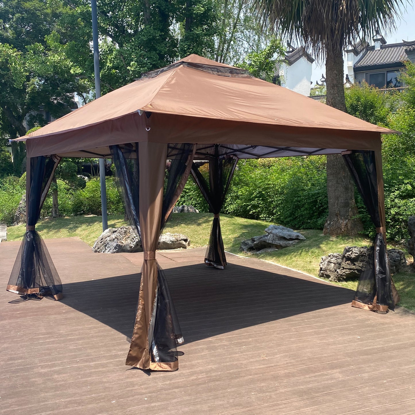 Aurelia 13x10' Soft - Top Gazebo – Backyard Pavilion with Ventilated Roof & Netting (Brown Canopy) - JUSTLIVE NESTJUSTLIVE NEST