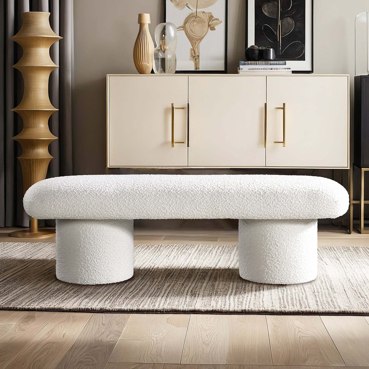 Randolph Bench – Ivory Bouclé Upholstered Seat with Tapered Wood Legs
