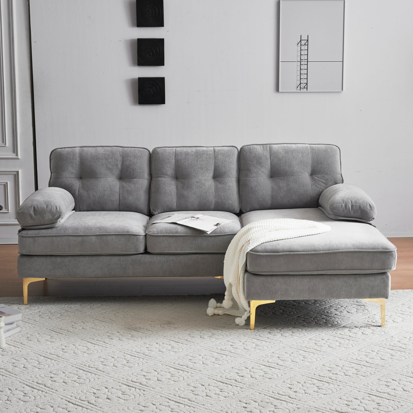 83' L-Shape Luxe Lounge – Light Grey Velvet Sectional Sofa for Living Room or Bedroom