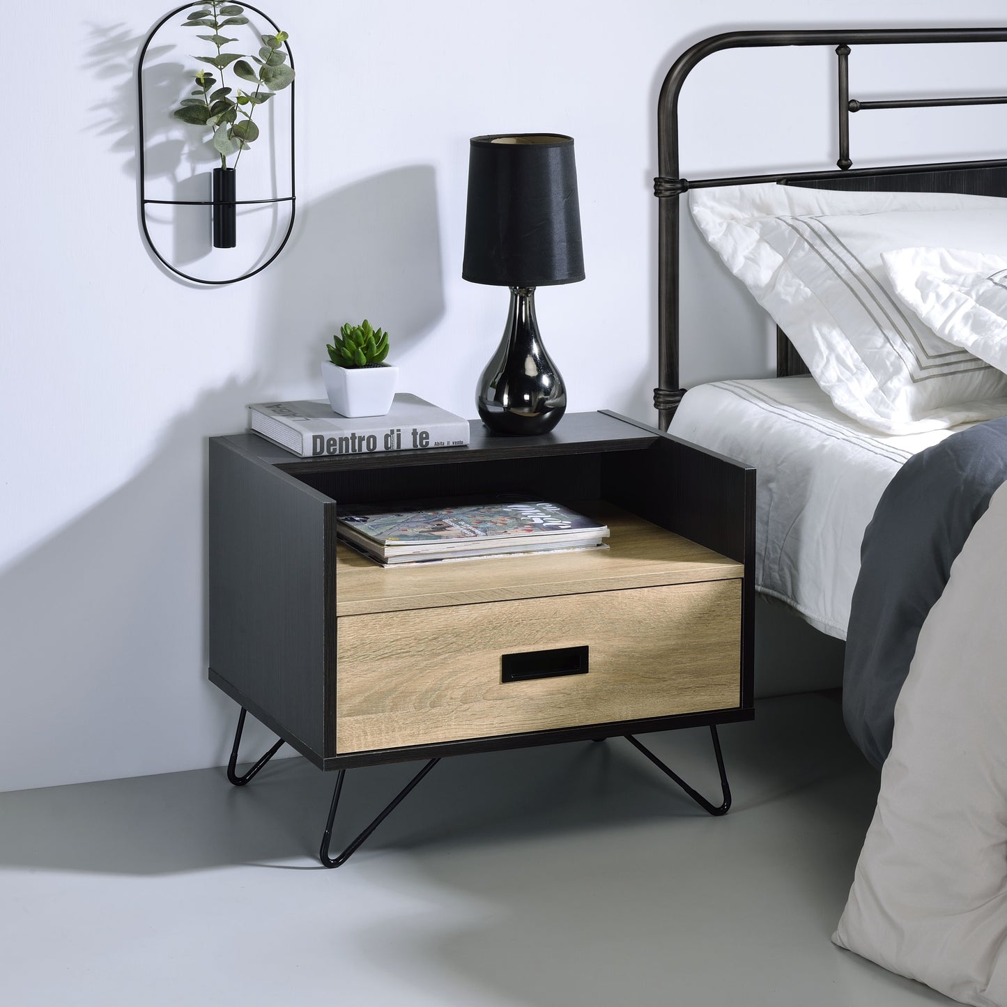 Orrin Duo Stand – Oak & Black 1-Drawer Nightstand with Open Base