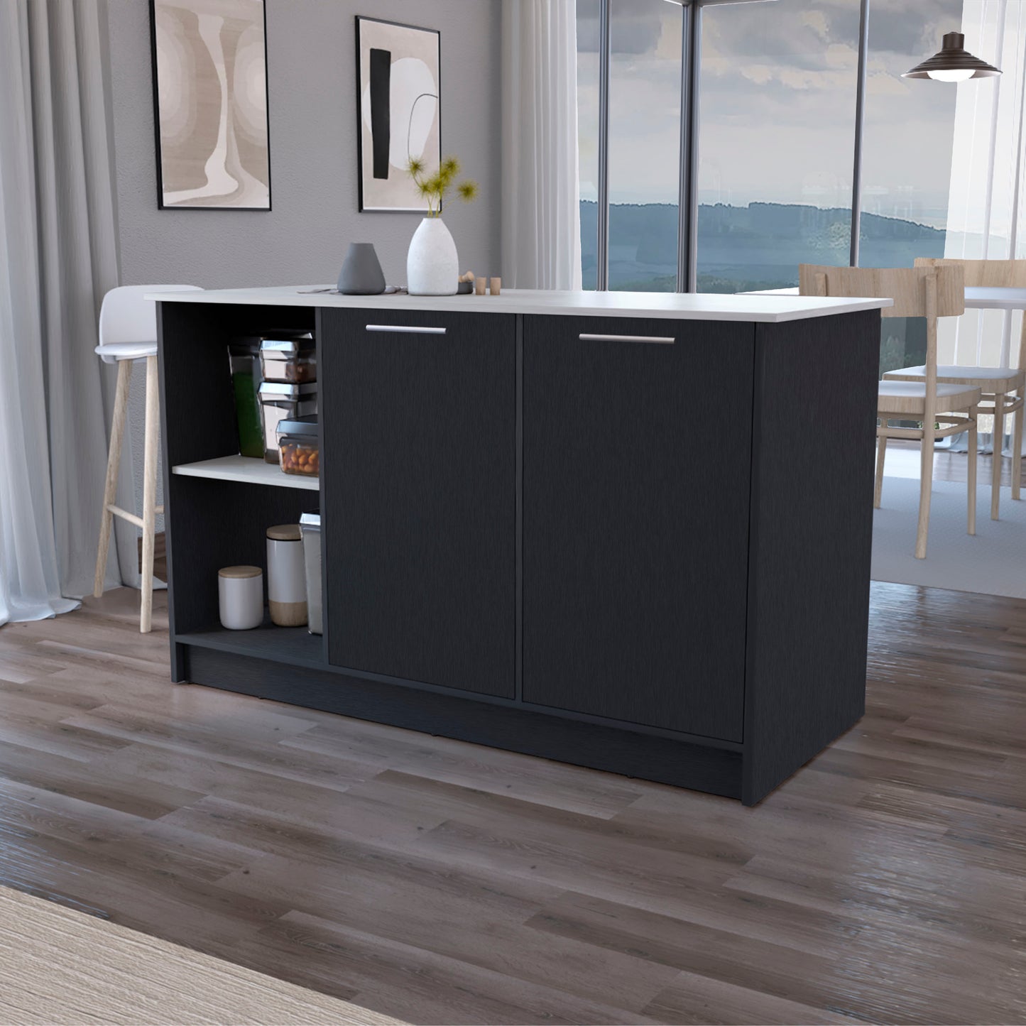 Mercury Kitchen Island – Wide Top with Double Cabinets & 2 Open Shelves (Black)