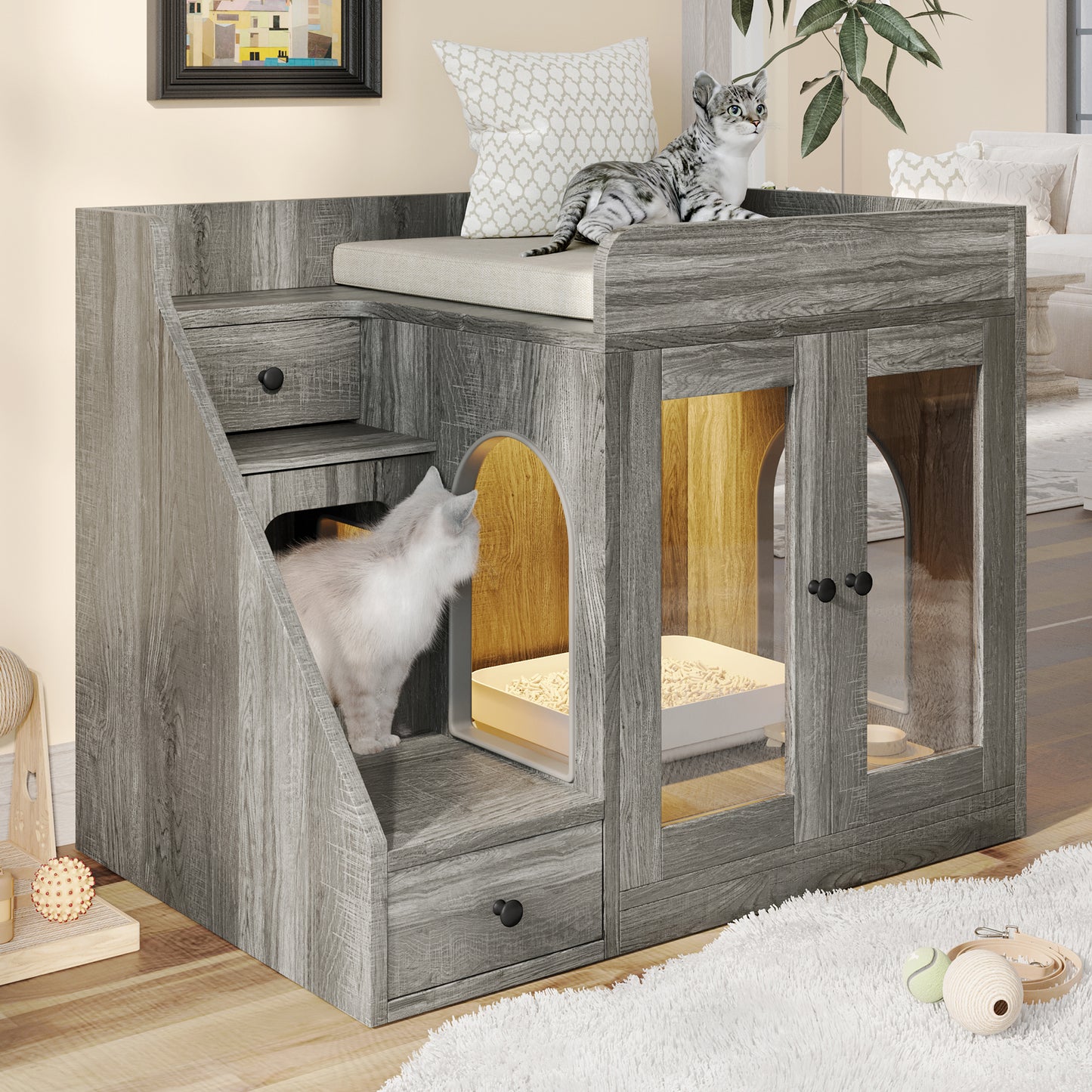 Nuvio LED Cat Litter Cabinet – Hidden Enclosure with Dual Drawers & Side Table Design - JUSTLIVE NESTJUSTLIVE NEST