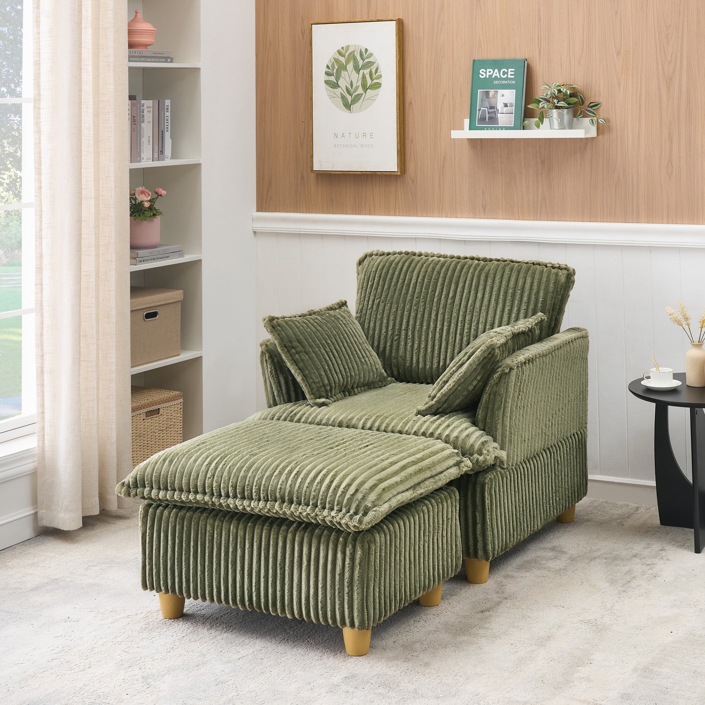 Elysian Cozy Lounger – Single-Seat Corduroy Sofa with Ottoman & Pillows