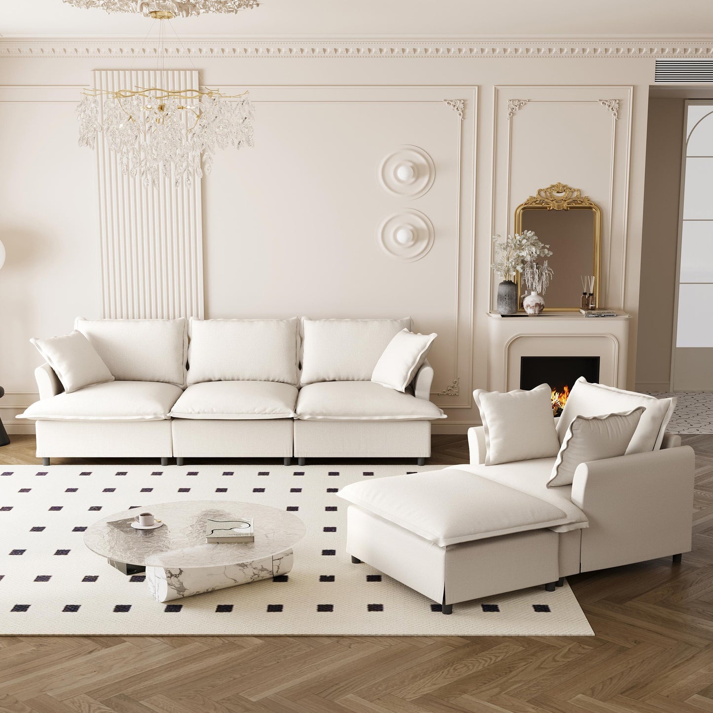 3-Piece Modular Lounge Set – Plush Chenille Sofa, Armchair & Ottoman