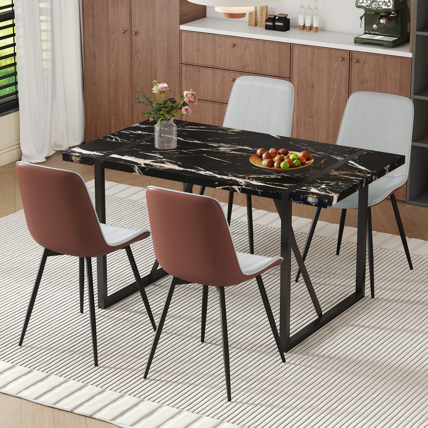 Lunex 5‑Piece Dining Set – Black Marble Table with Earthtone PU Seat Chairs