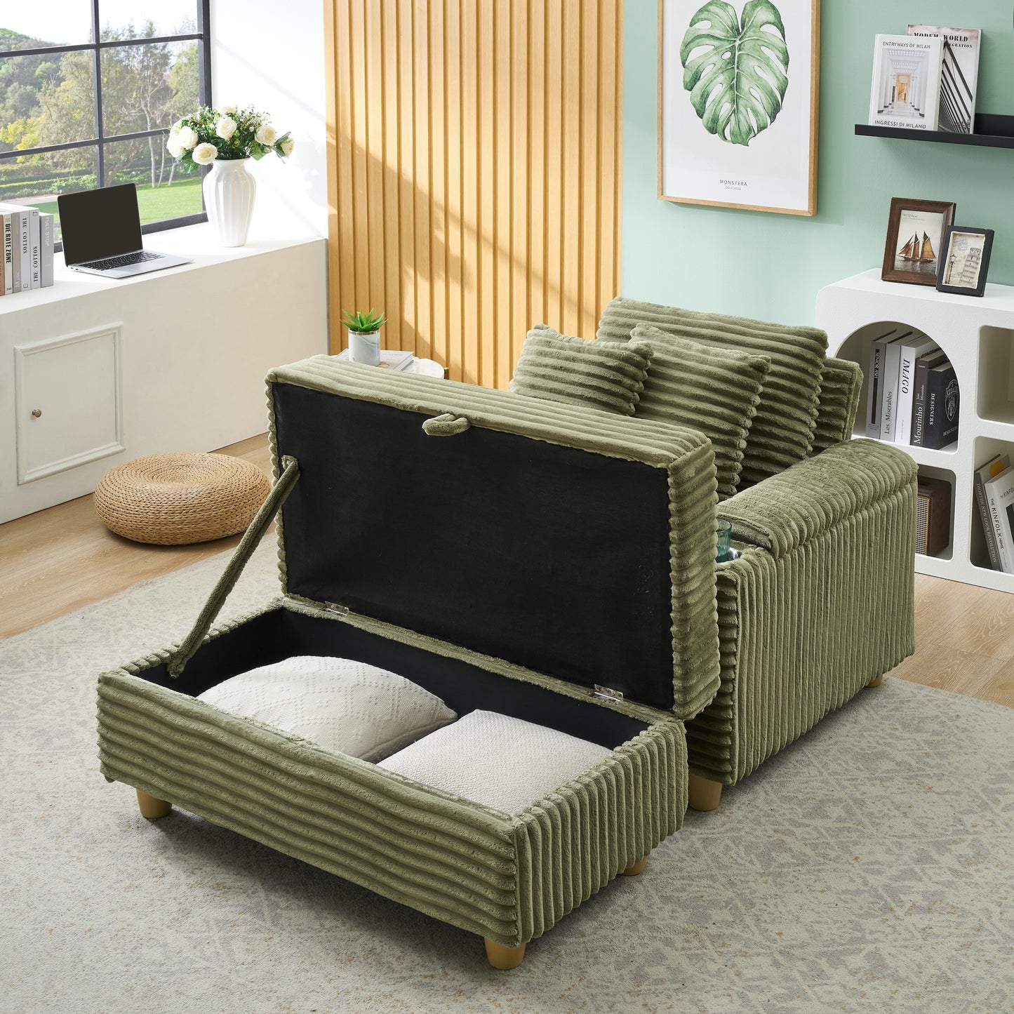 NestEdge ‘CordiNest” Single Sofa Set – Green Corduroy | 1 Pillow + 2 Throws + Footstool + Dual Storage