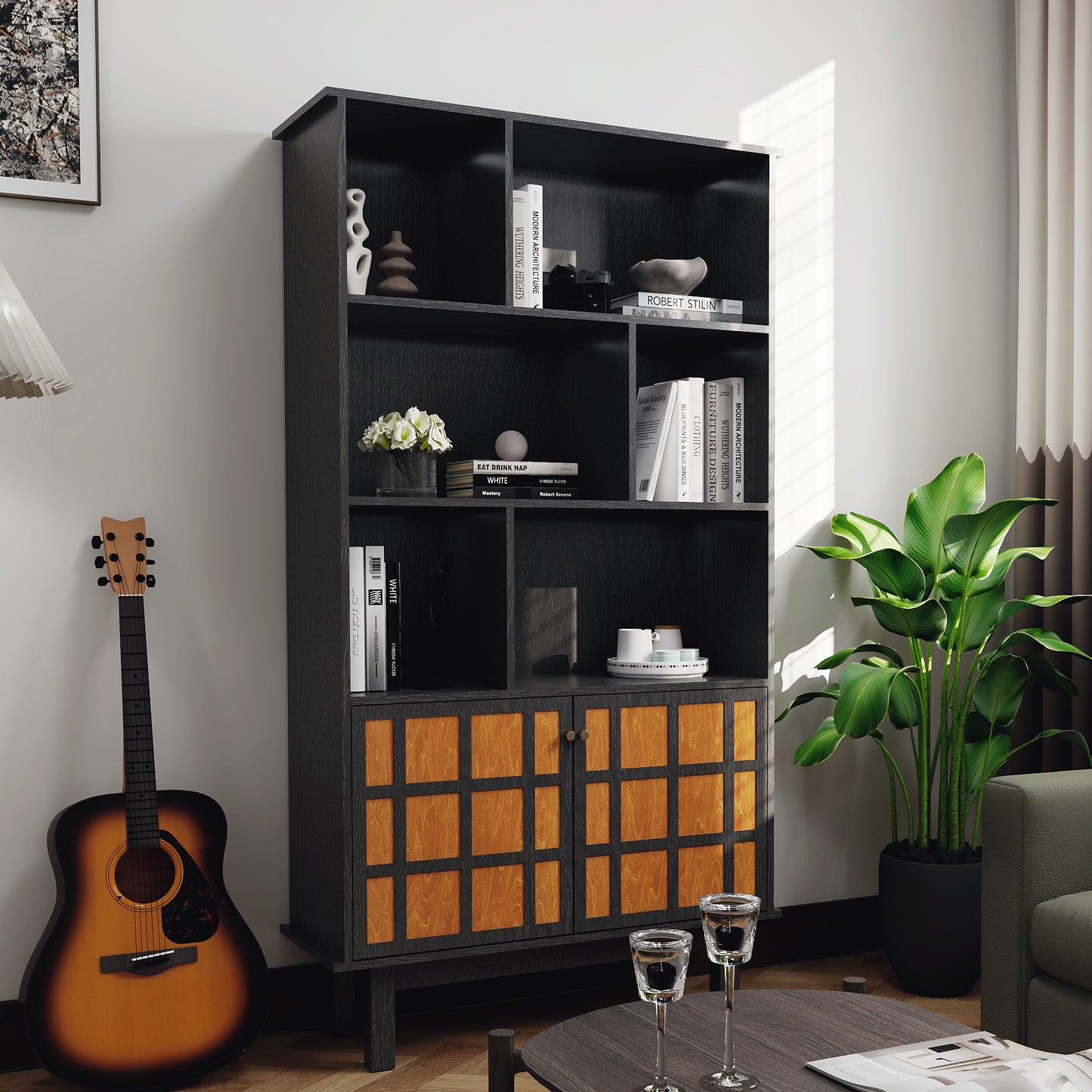 Nylin Hybrid Bookcase – Black & Honey Shelf with Cabinet Doors