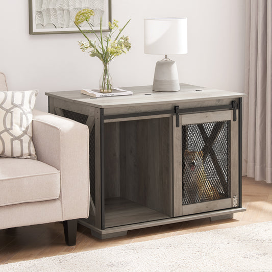 Hollo Farmhouse Crate – Gray Dog Kennel Table with Sliding Barn Door & Flip - Top Divider - JUSTLIVE NESTJUSTLIVE NEST