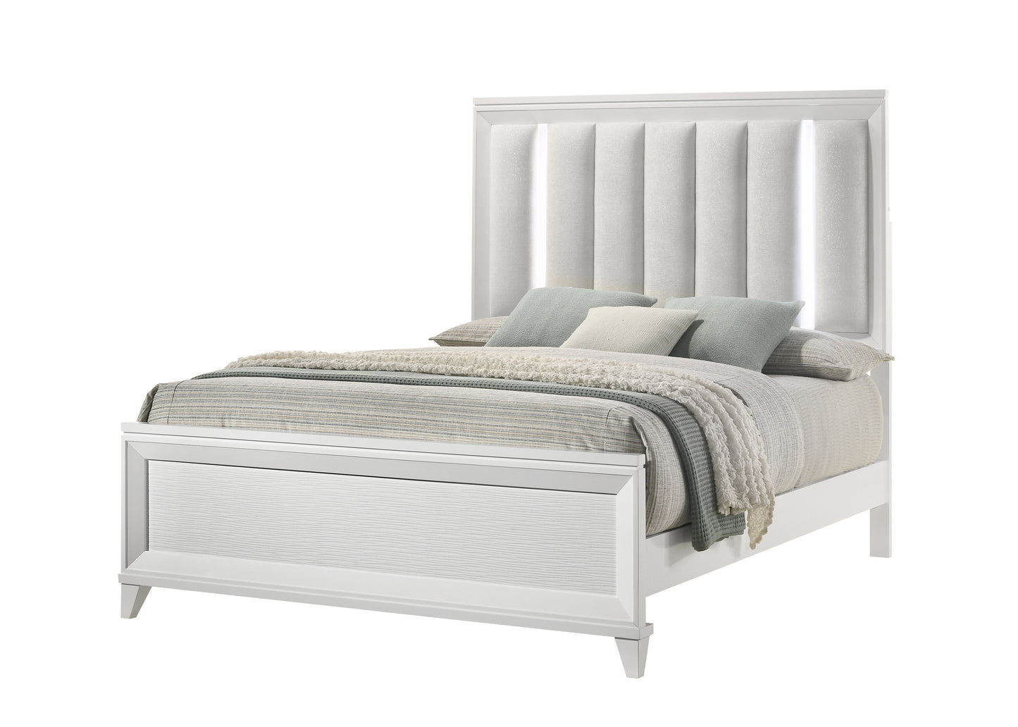 Kivora Queen Bed – White LED Upholstered Panel Frame with Cushioned Headboard