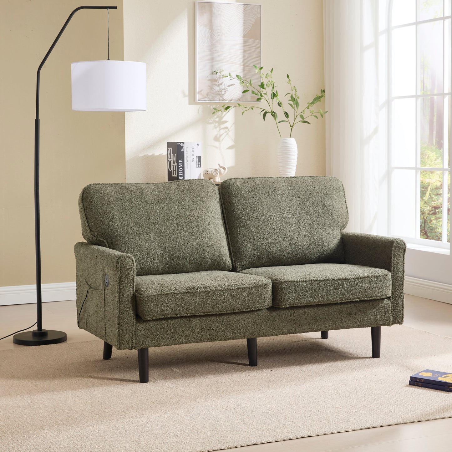 The Coolmore Haven – Stylish Green Loveseat with USB Port & Easy-Care Cushions