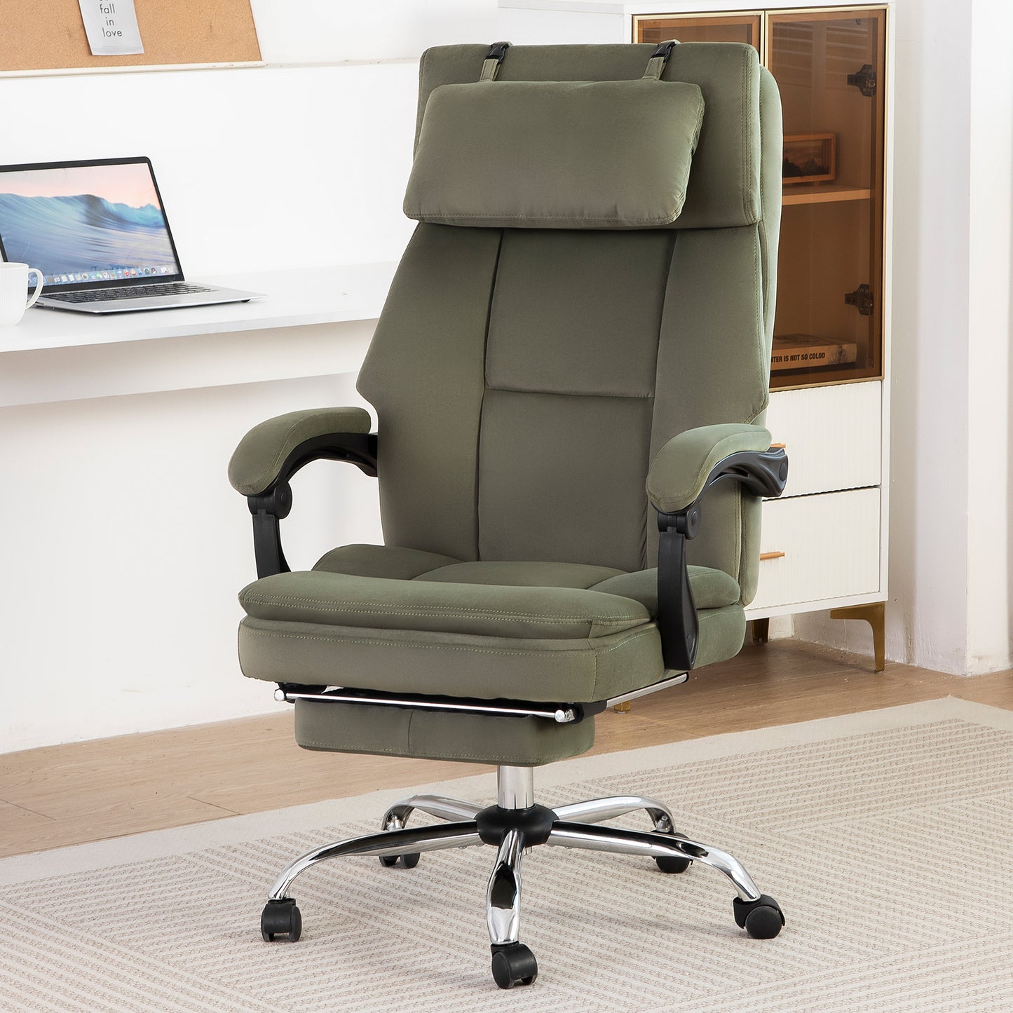 Verra Velvet Chair – Green Frosted Velvet Office Chair with Headrest and Footrest