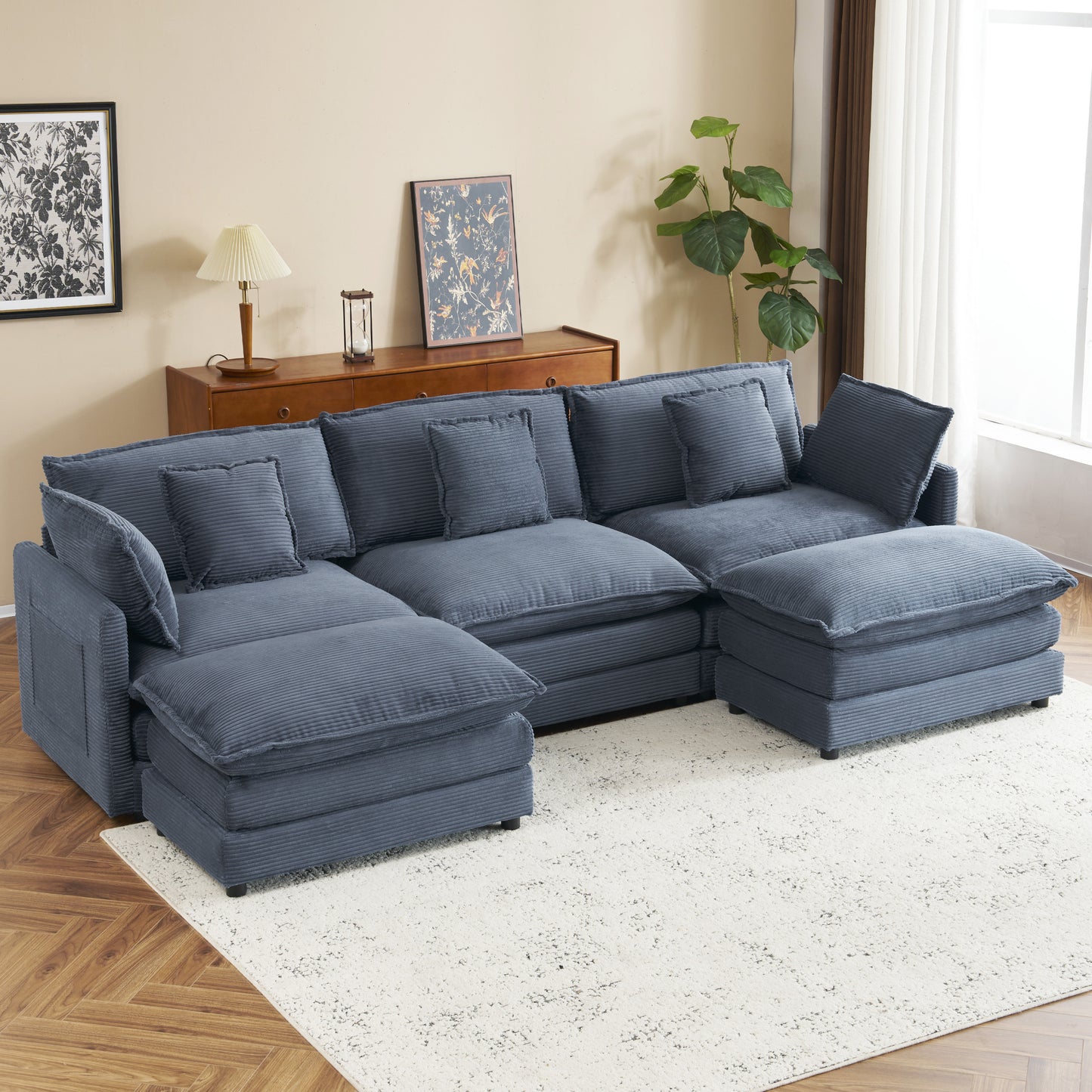 113' Grand Modular Lounge – Plush Corduroy L-Shape Sofa with Hidden Side Storage (Blue)