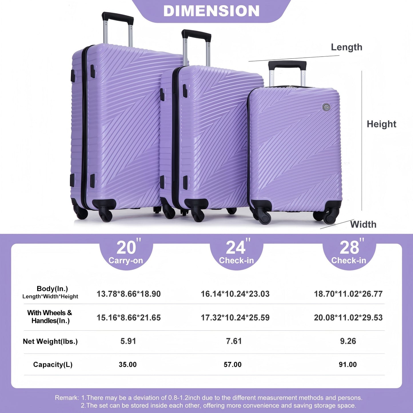 Jetera 3 - Piece Luggage Set – Light Purple PC+ABS Suitcases with Spinner Wheels & Travel Hooks (20/24/28") - JUSTLIVE NESTJUSTLIVE NEST