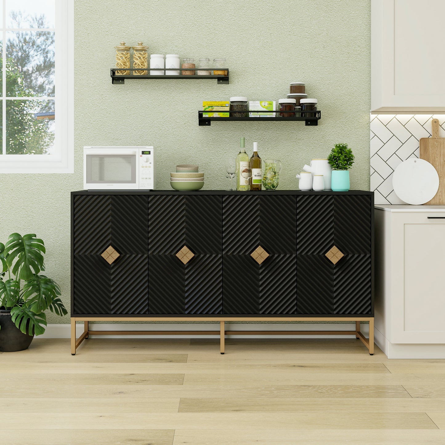 Florin Carved Sideboard – 4-Door Cabinet with Adjustable Shelf, Coffee Bar Ready
