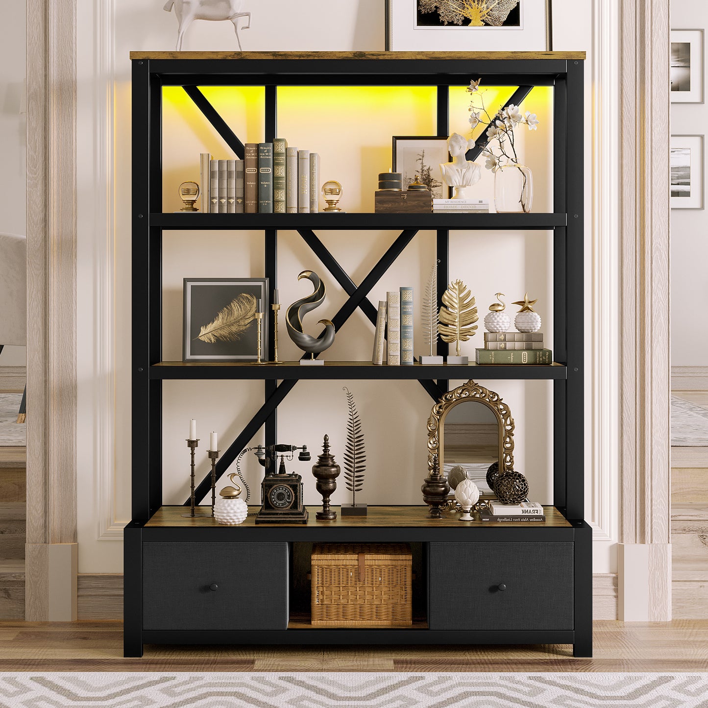 Induro Metal Shelf – 3-Shelf Industrial Bookcase with Drawers & LED