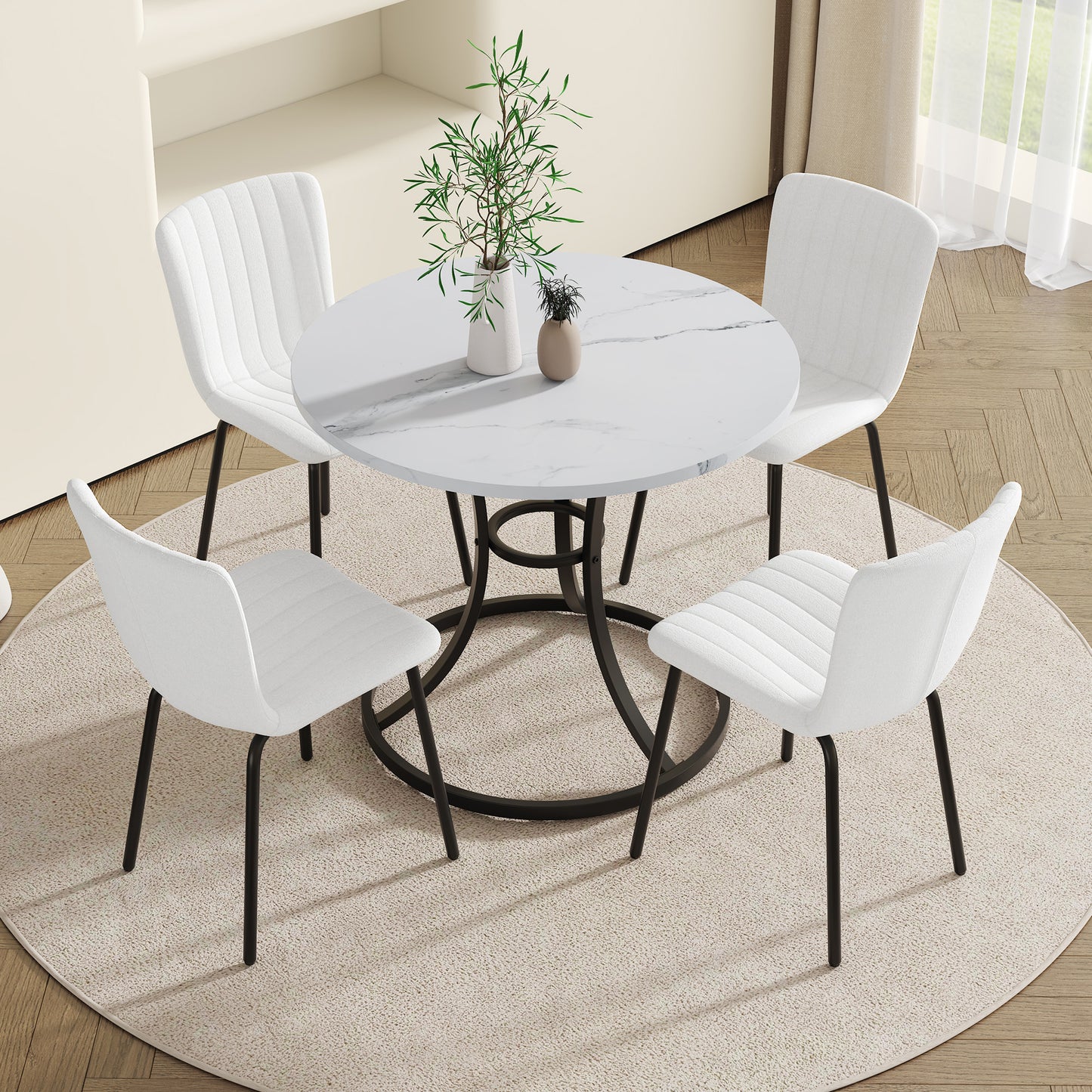 Serino 5‑Piece Dining Set – 33'' Round Table with White Linen Chairs