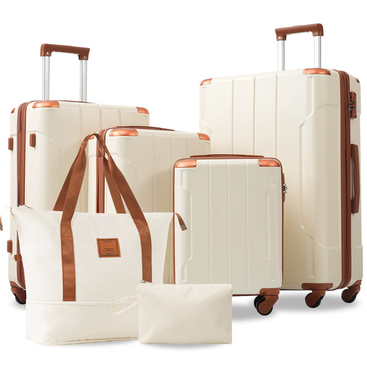 Jetera 6 - Piece Hardshell Luggage Set – White & Brown Expandable Suitcases with Spinner Wheels & TSA Lock - JUSTLIVE NESTJUSTLIVE NEST
