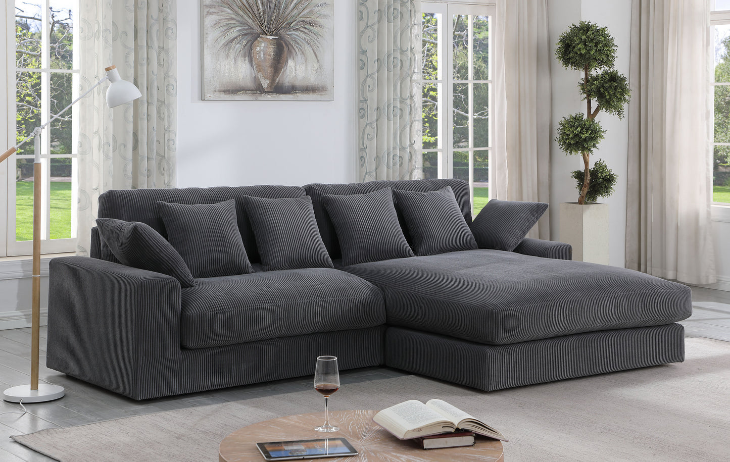 JUSTLIVE NEST® Myron Corduroy Chaise Sofa – Reversible Sectional Couch in Dark Gray, Mid-Size 105" Design
