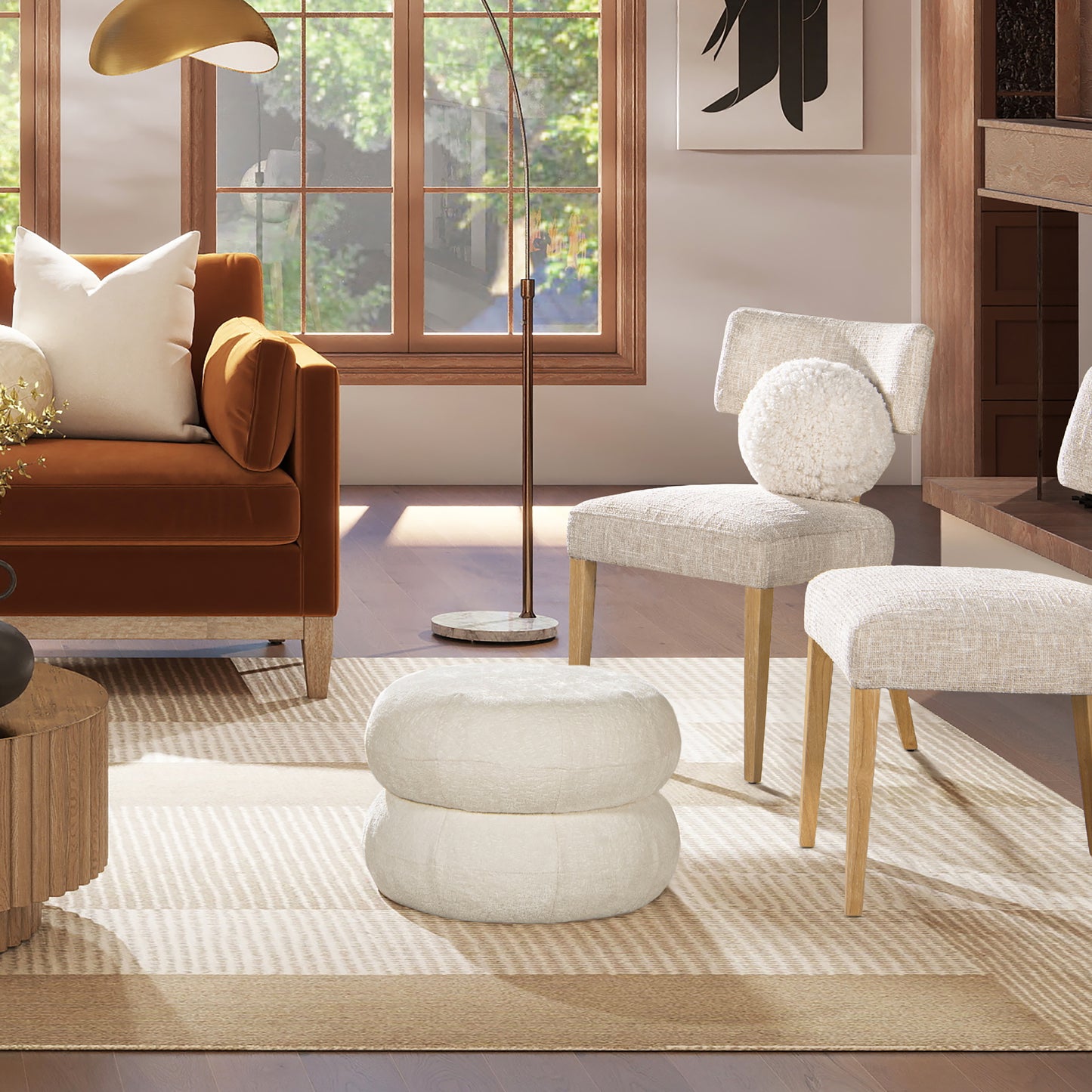 Cylora Ottoman – Almondweave Chenille, LowNest Form