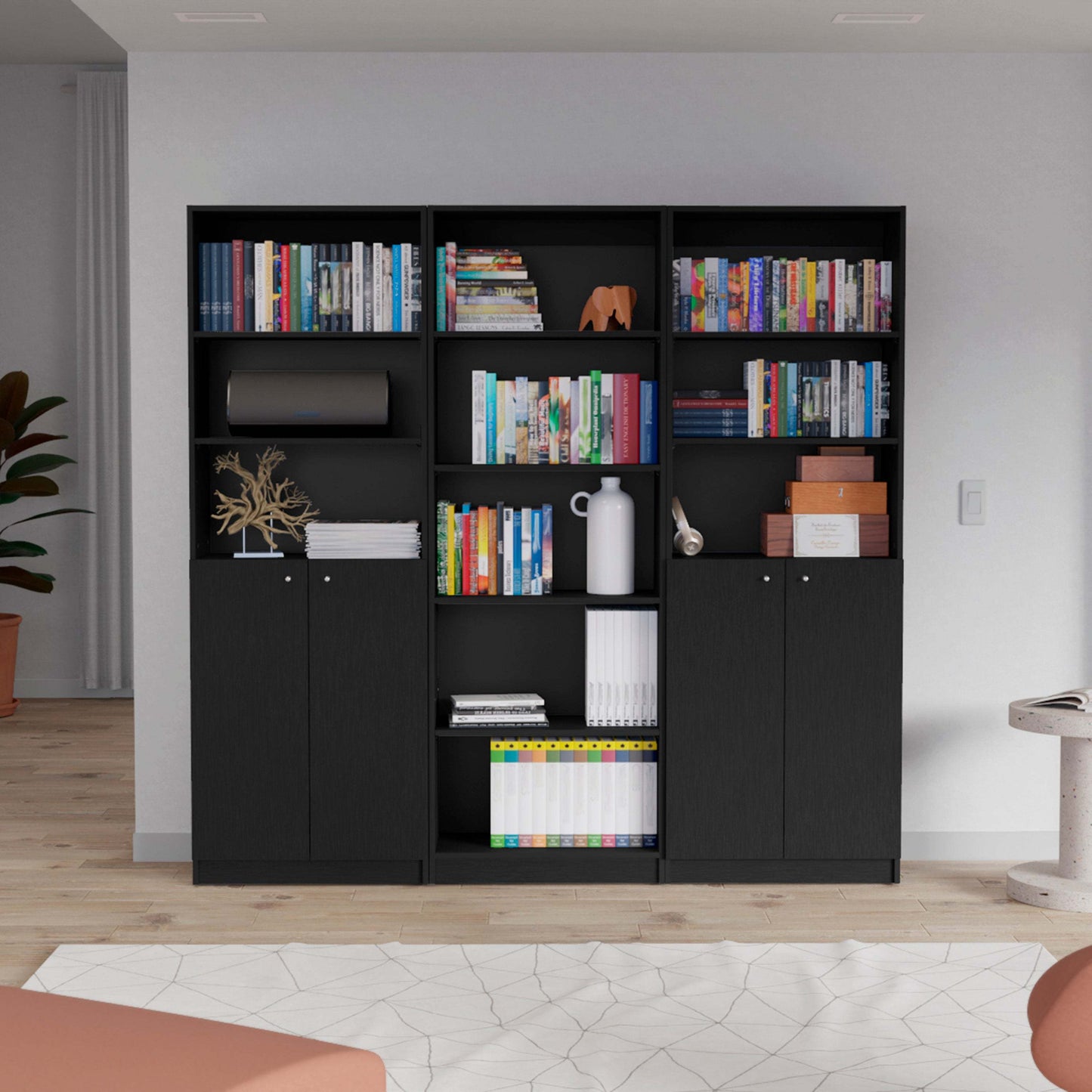 Willora Trio Set – Black 3-Piece Bookcase Living Room Ensemble