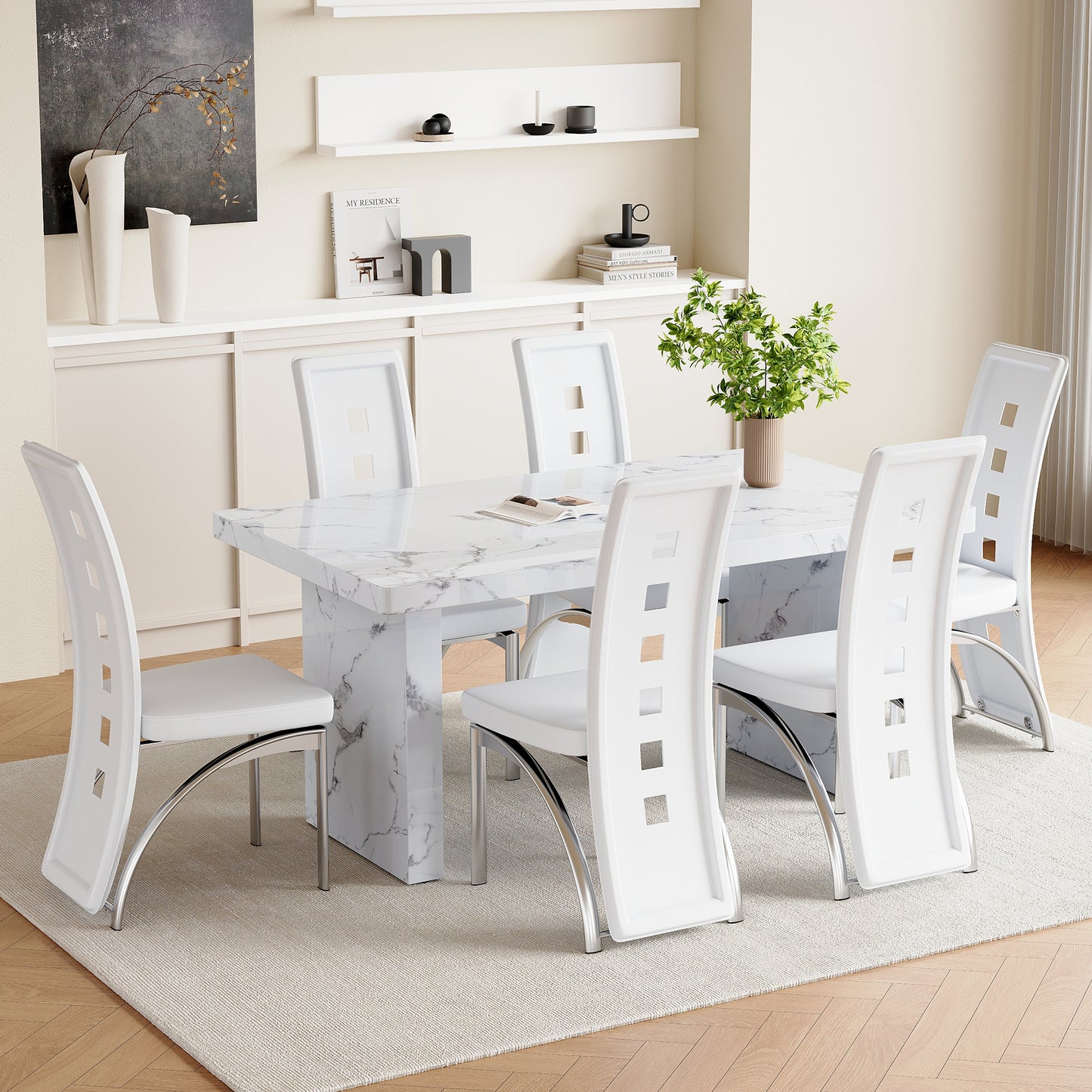 Fayno 7‑Piece Dining Set – Marble-Style Table with 6 Saddleback White Chairs