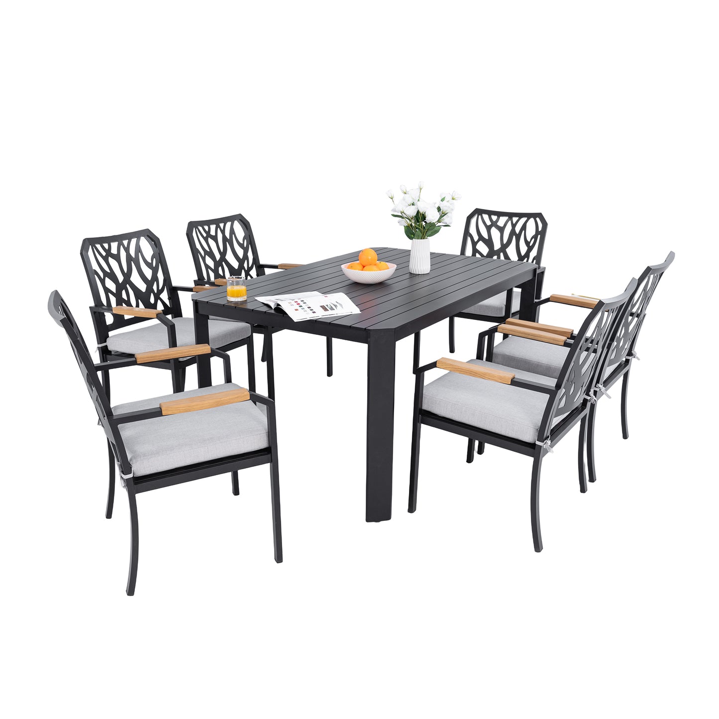 Brancliff 7-Piece Dining Set – Bourbon Brown Aluminum Table with Sunbrella Cushioned Chairs & Umbrella Hole