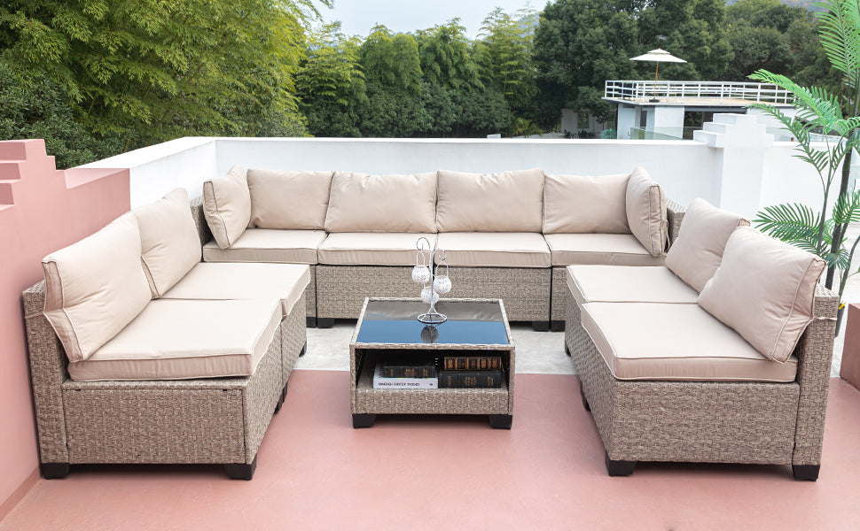 Solvara 9-Piece Boho Sectional – All-Weather Gray Outdoor Sofa Set with Water-Resistant Cushions