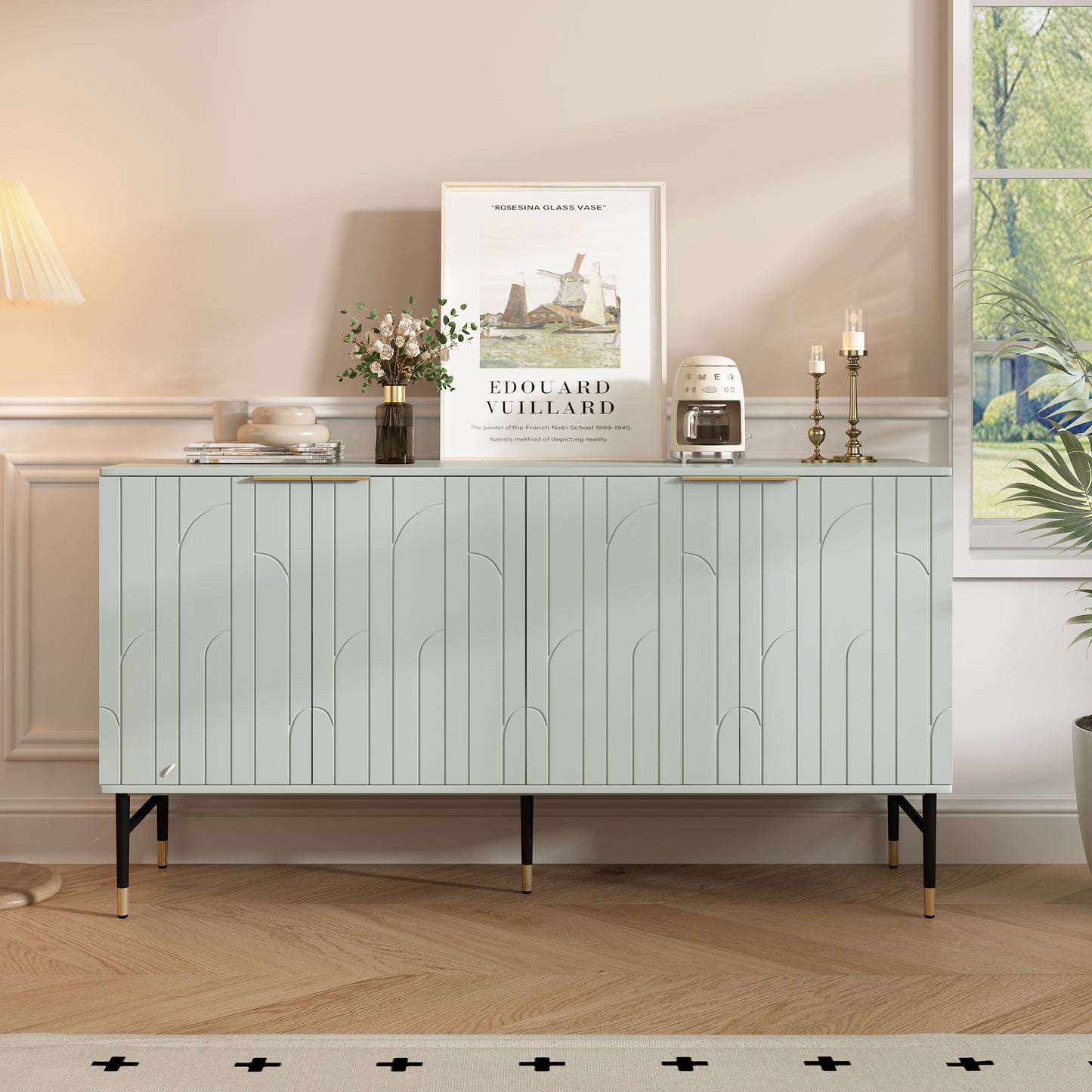 Créma Sideboard – 4-Door Gray Modern Cabinet for Entryway or Dining Room