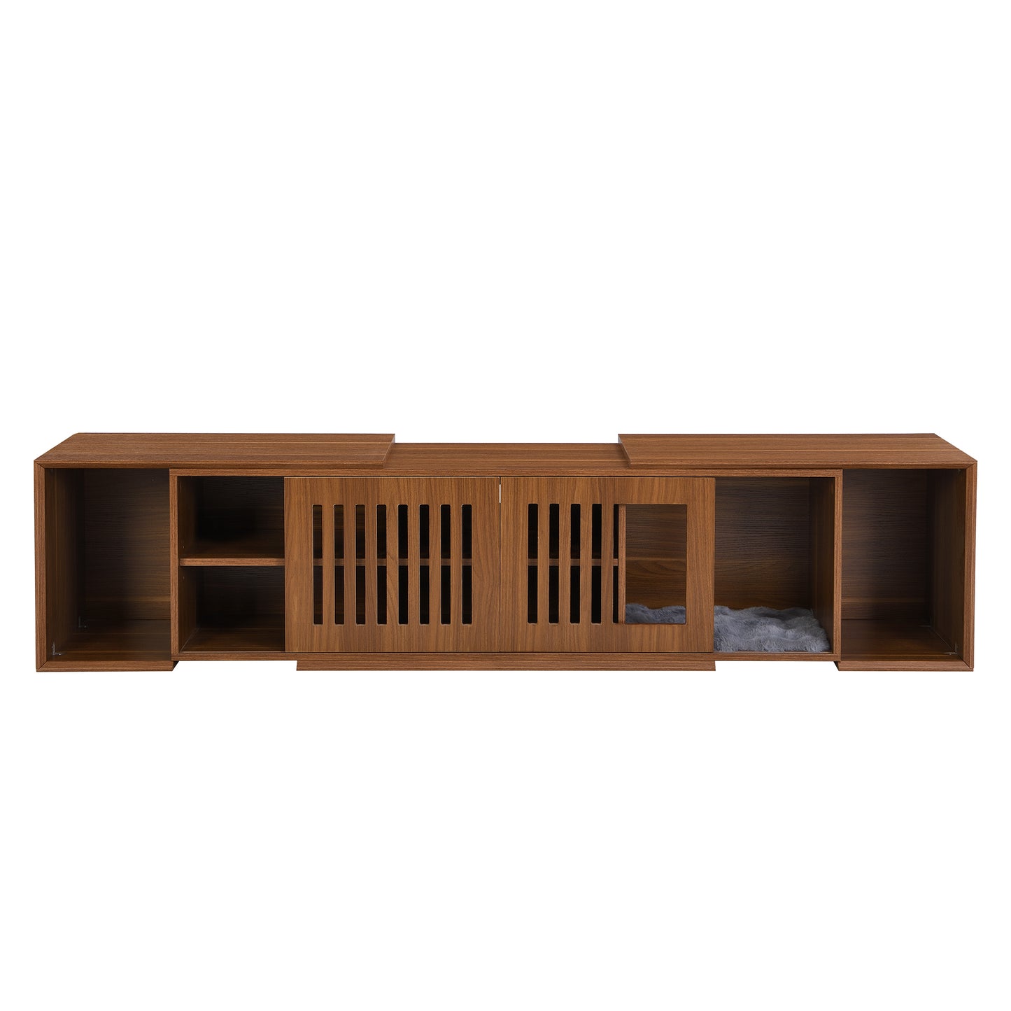 Vero Pet - Friendly TV Console – Mid - Century Walnut Stand with Soft Cushion, Sliding Door & Cat Hideout - JUSTLIVE NESTJUSTLIVE NEST
