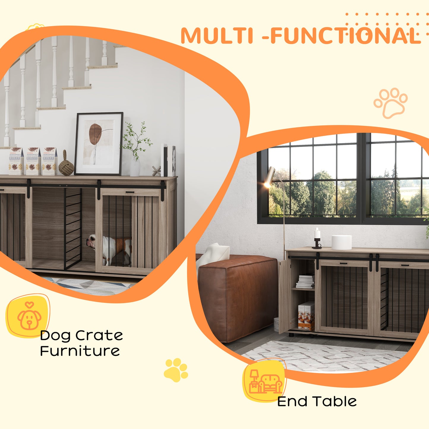 Hollo 71" Dual Crate Console – Walnut Dog Kennel Table with Divider & Storage for 1 or 2 Dogs - JUSTLIVE NESTJUSTLIVE NEST