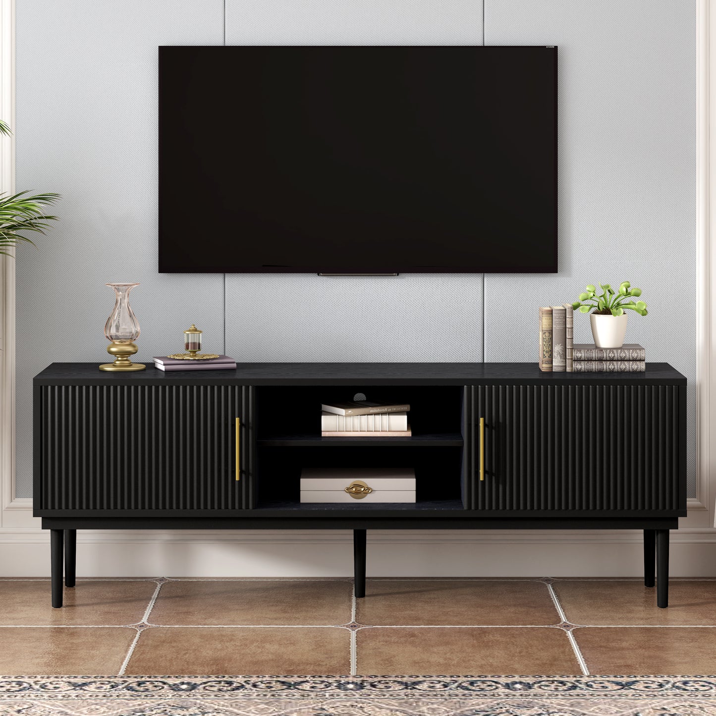 Mirodra Stripe Console – Vertical Slatted Sliding Doors with Wood Legs