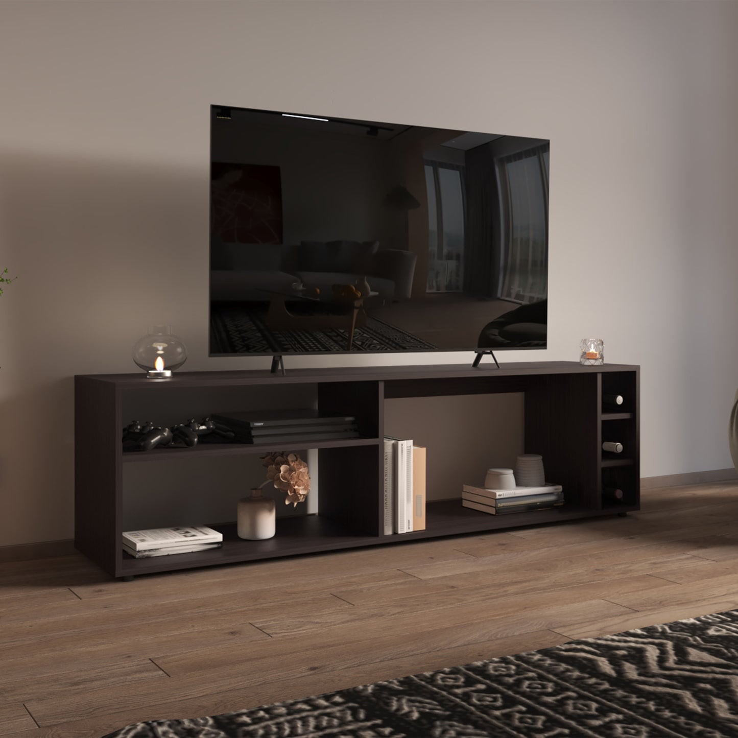 Suxta Bar Console – 63" Black TV Stand with Bottle Cubbies & Shelves