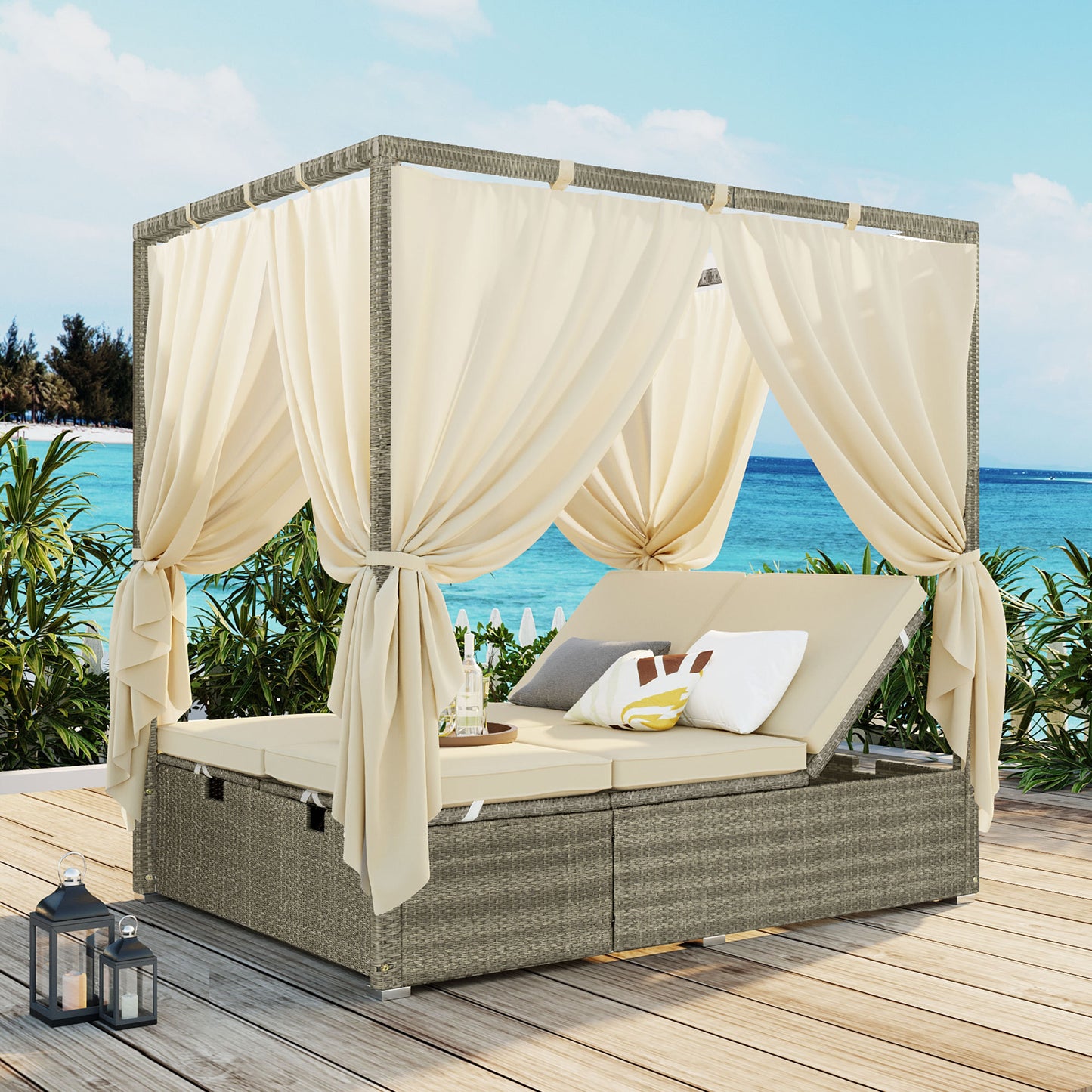 U_Style Canopy Sunbed Lounger – Outdoor Daybed with Adjustable Seats & Curtain Enclosure