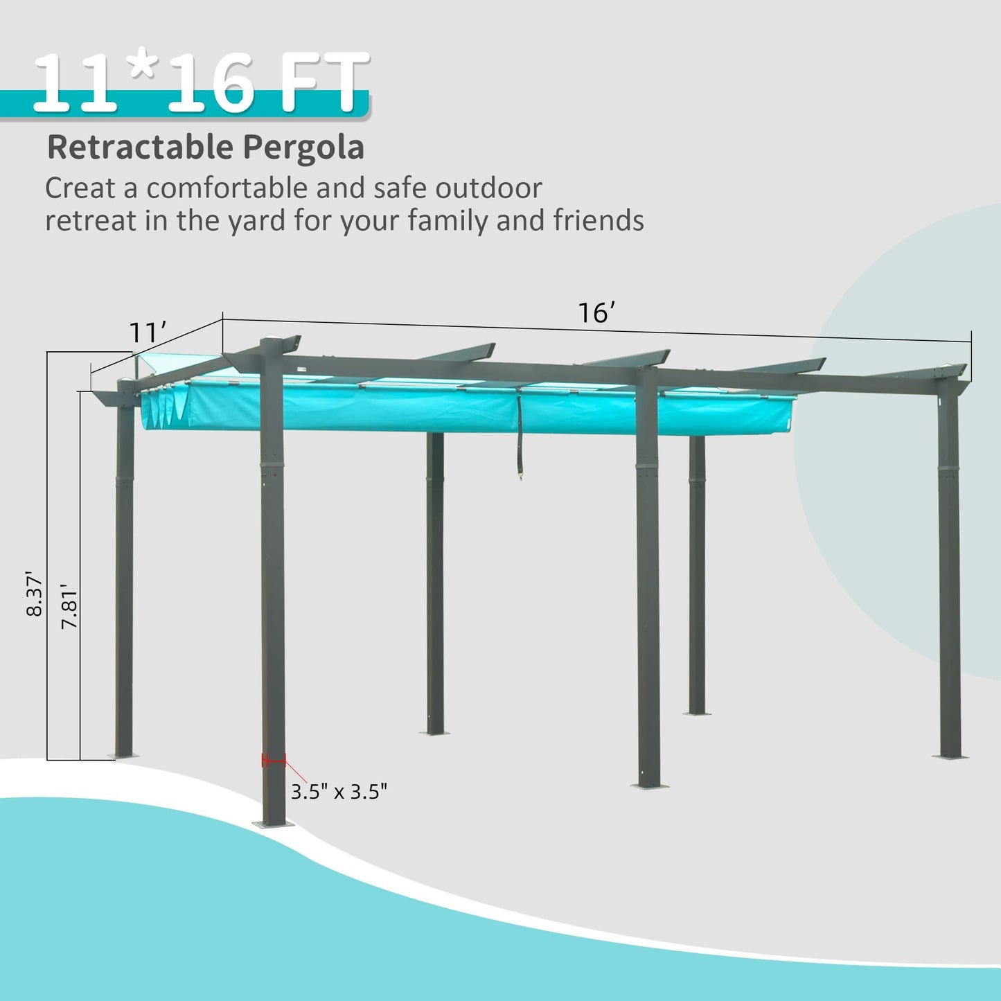 Valano 11x16' Retractable Pergola – Weather - Resistant Canopy on Aluminum Frame (Lake Blue) - JUSTLIVE NESTJUSTLIVE NEST