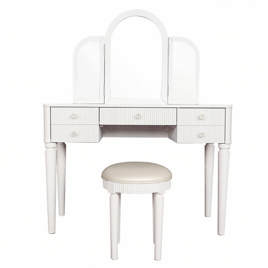 Vionix Mirror Luxe – White Rubberwood Vanity Table with LED Lighting & Storage Drawers