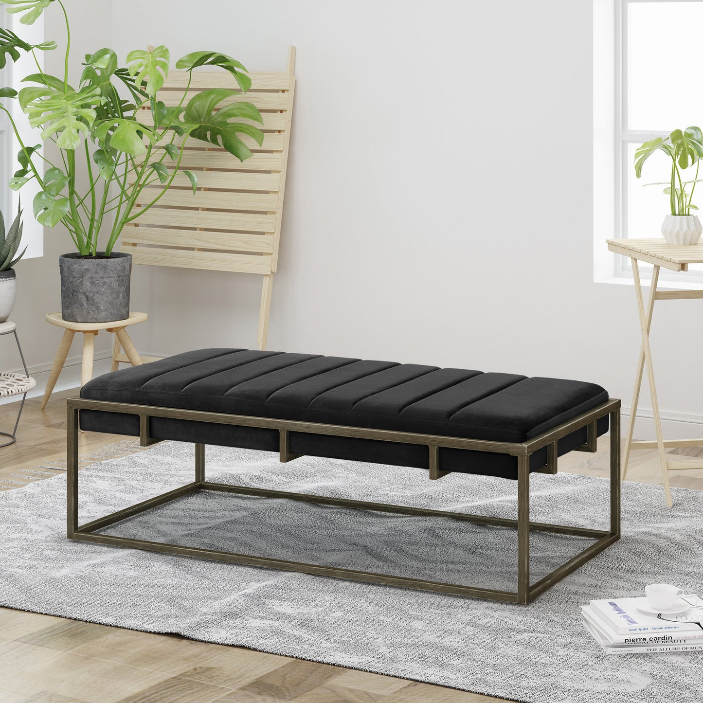 Arwin Velvet Ottoman Bench – Black with Brass Finish Accent Base