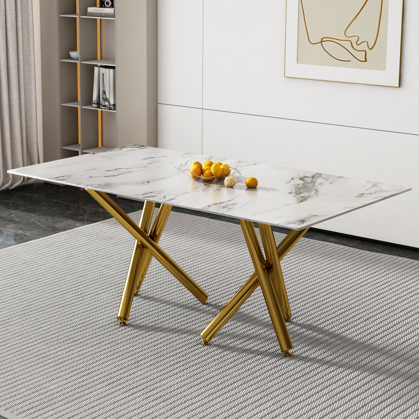 Fayno Glass Dining Table – 63'' Faux Marble Top with Gold Metal Legs