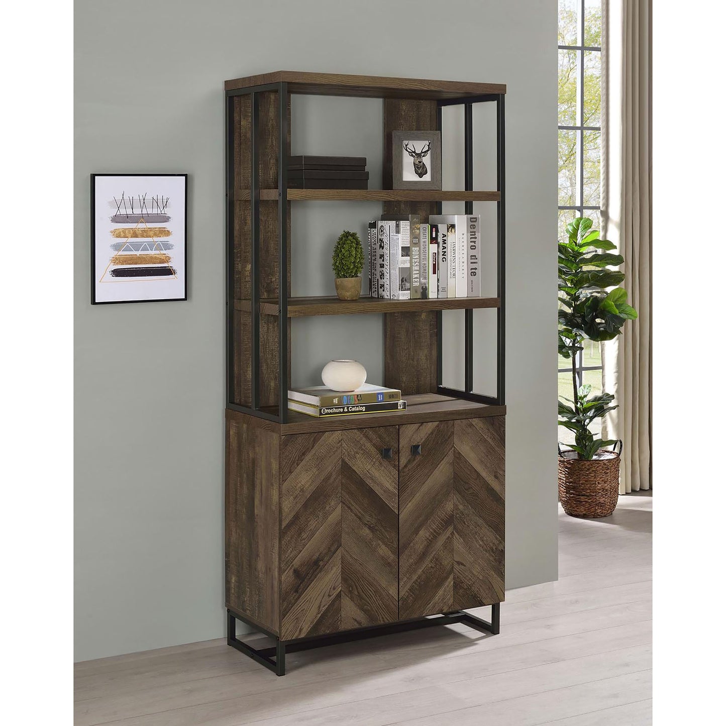 Herrin Oak Bookcase – Rustic Herringbone Pattern with 2 Doors