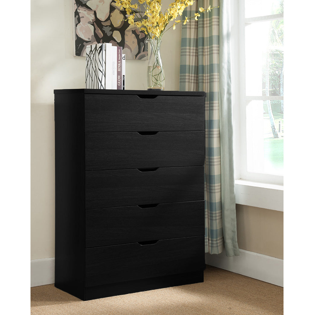 Merrin NoirCore Tower – Matte Black 5-Drawer Chest with Half-Round Pulls & Metal Glides