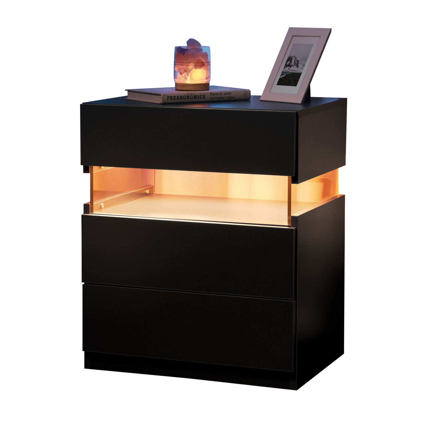 Vionix Glow Chest – Black 3-Drawer LED Nightstand with Acrylic Accents