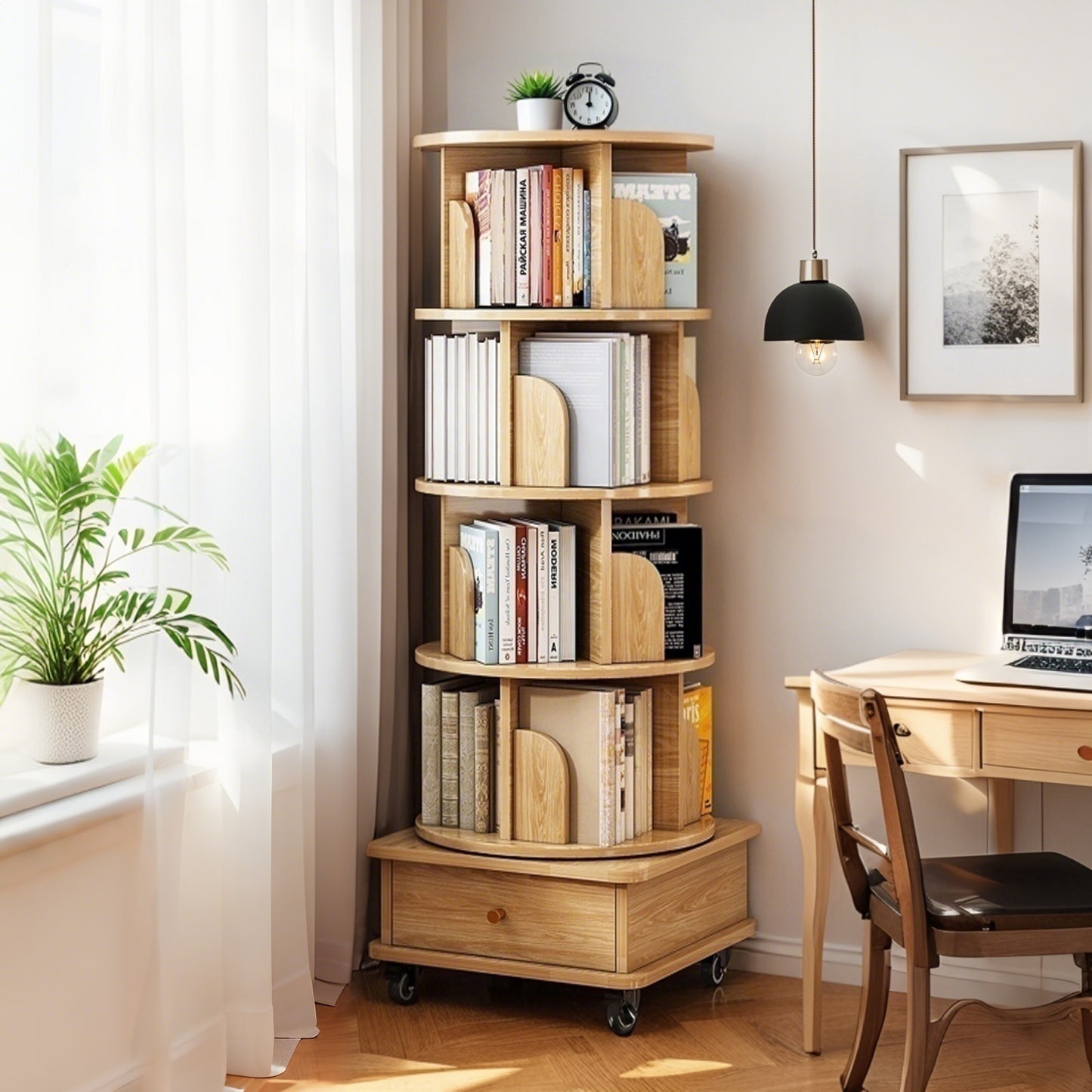 Rotora Tower – 5-Tier 360° Rotating Bookshelf with Wheels (Wood Tone)