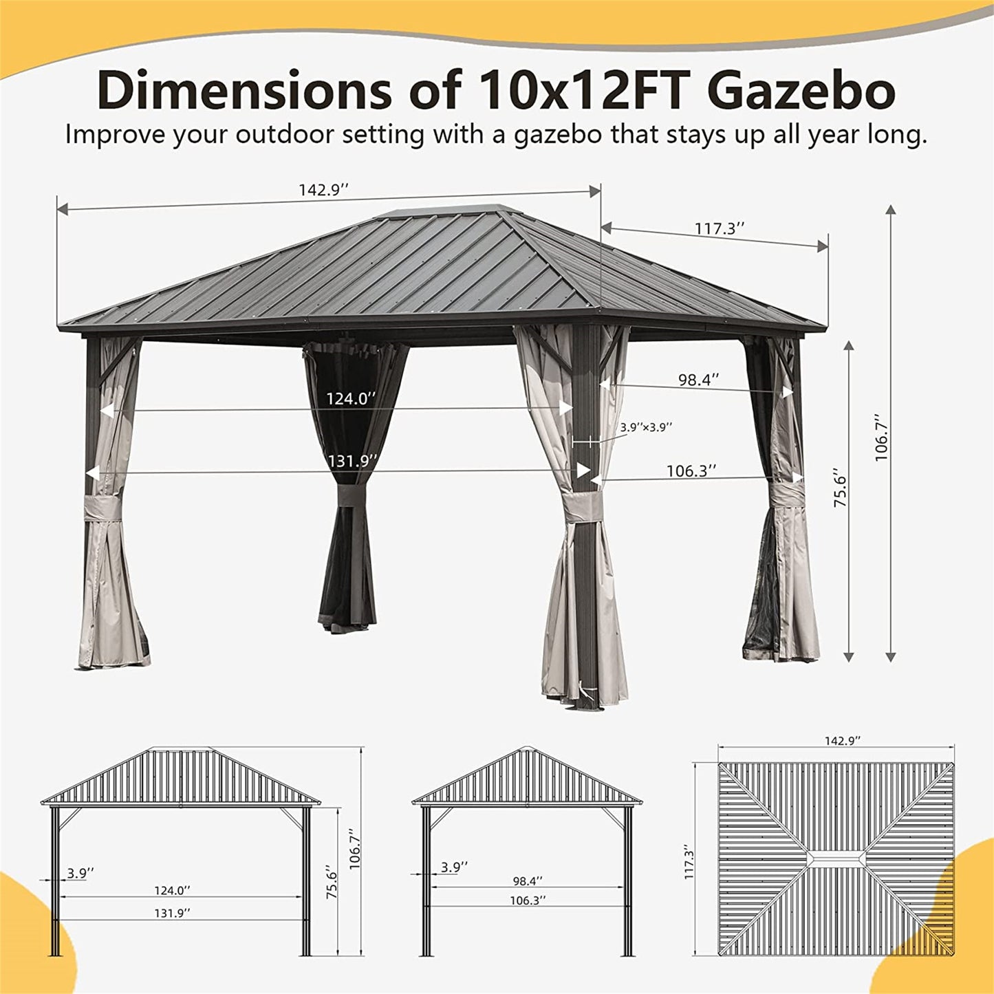 Aurelia 10x12' Steel Roof Gazebo – Dark Brown Aluminum Pavilion with Curtains & Netting - JUSTLIVE NESTJUSTLIVE NEST