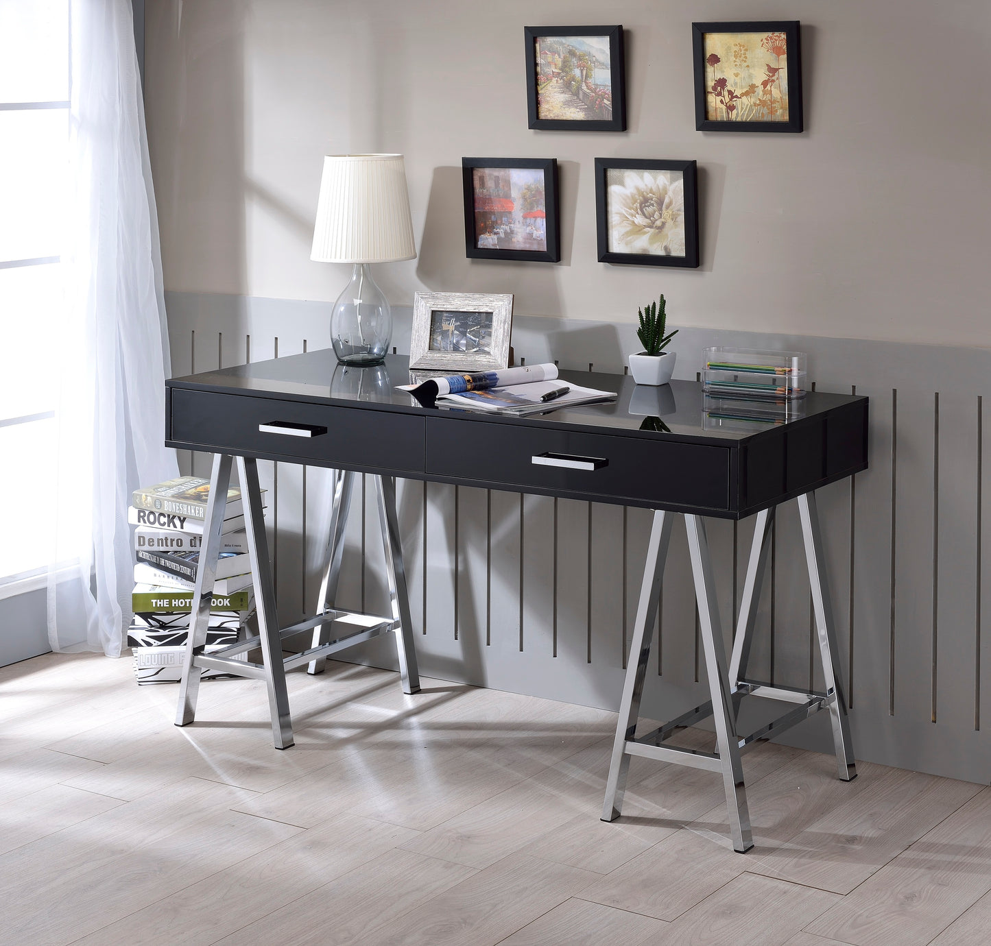 Coleen Gloss Desk – Black High Gloss Writing Desk with Chrome Legs