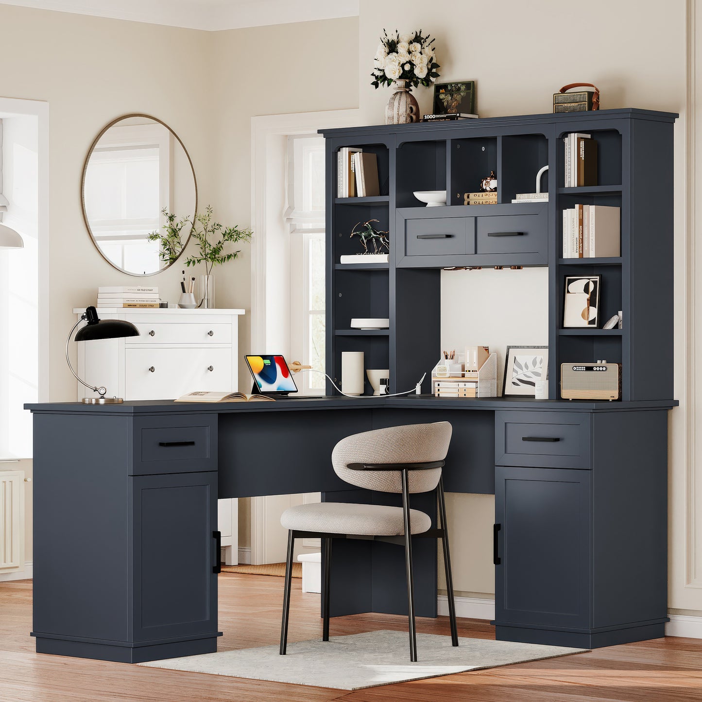 Mirella Power L-Desk – Antique Blue L-Shape Desk with Cabinets and Flip Shelf