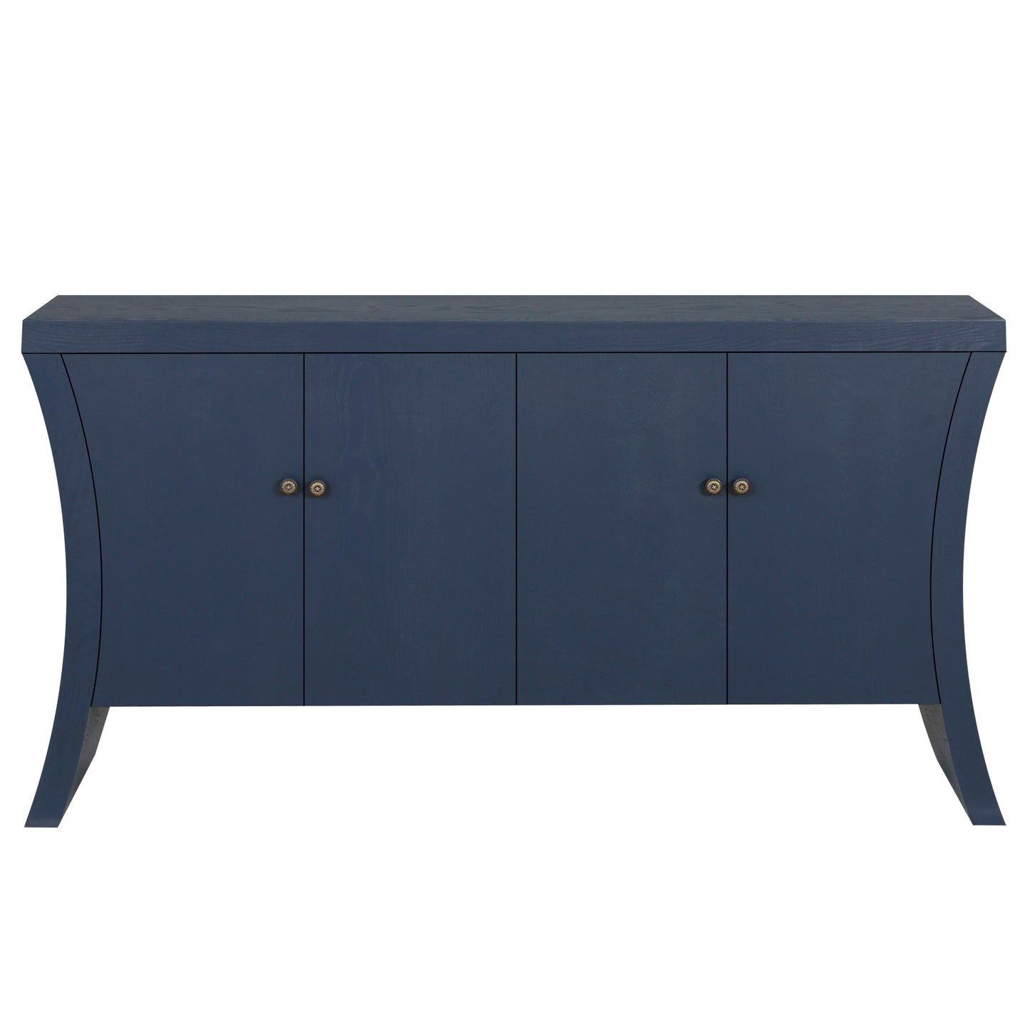 Induro Arc Credenza – 4-Door Navy Blue Cabinet with Bronze Clasps & Curved Legs