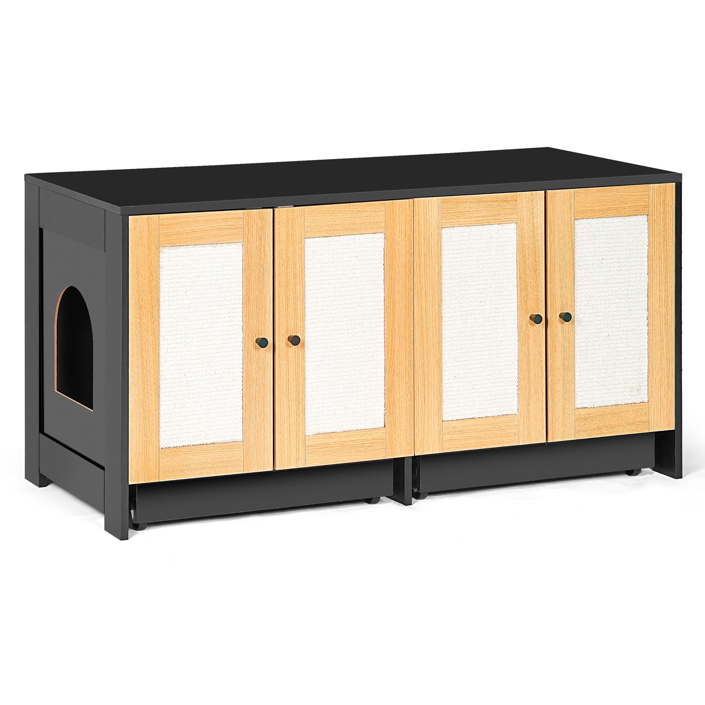 Nuvio Double Litter Enclosure – Black Hidden Cat Box Cabinet with Rattan Doors (Fits 2 Cats) - JUSTLIVE NESTJUSTLIVE NEST