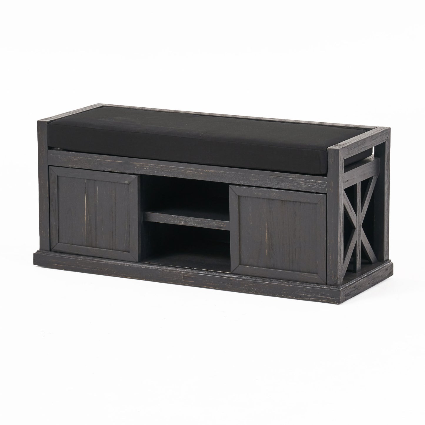 Tova Bench – Dark Gray Wood Seat with Dual Open Storage Shelves