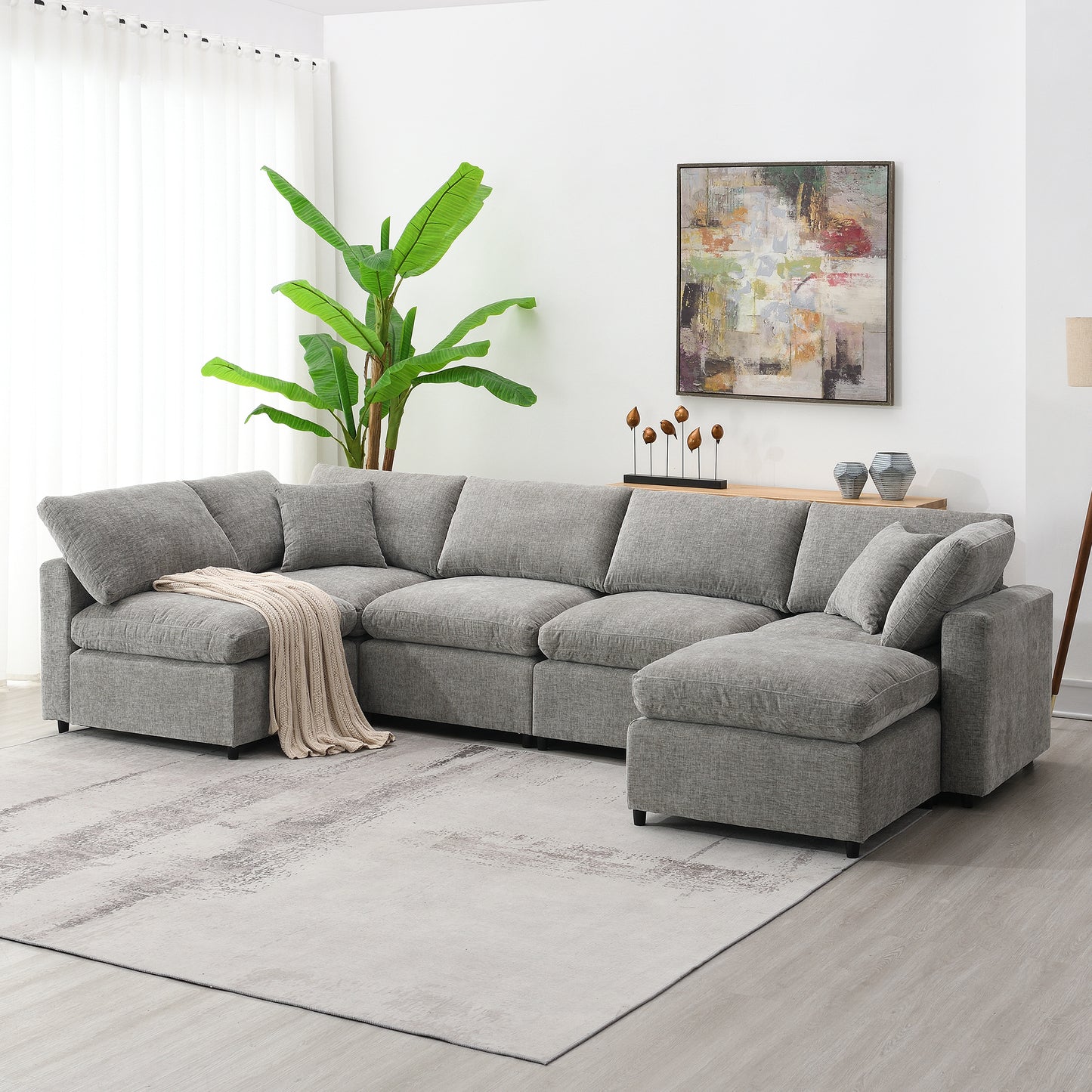 CloudWeave™ 6-Seat Harmony Lounge – Convertible Plush Sofa Set with Ottoman (3 Colors)