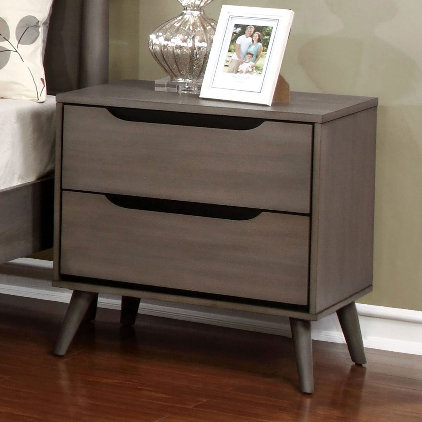 Stravelle Retro Stand – Gray 2-Drawer Solid Wood Nightstand with Round Tapered Legs